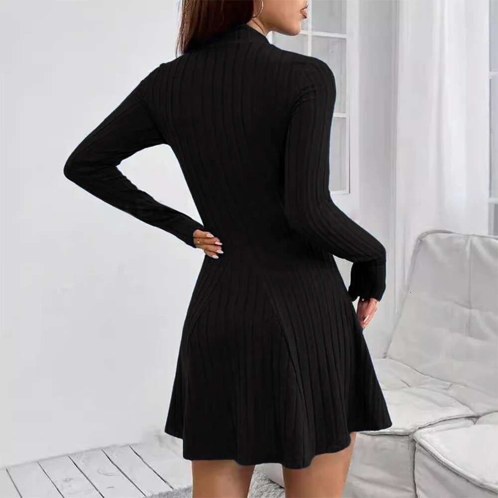 Elegant Women Simple Slim Short Solid Striped Sweater Long Sleeve Round Neck 2024 Autumn Winter Commute Street Dress
