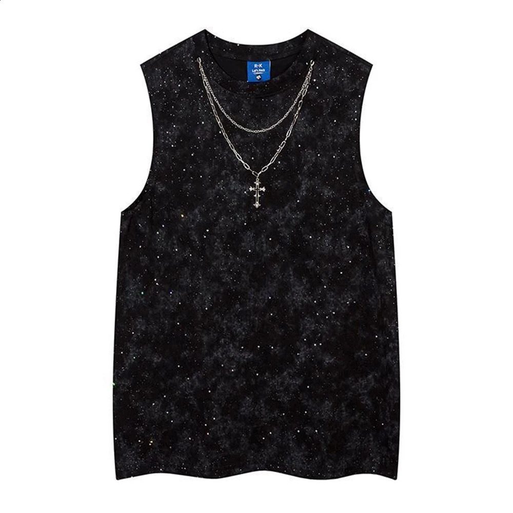 Mens Vest Shiny Night Sky Casual Tank Top Nightclub Streetwear Fashion Stage Performances Niche Cross Top Mens Clothing 250321