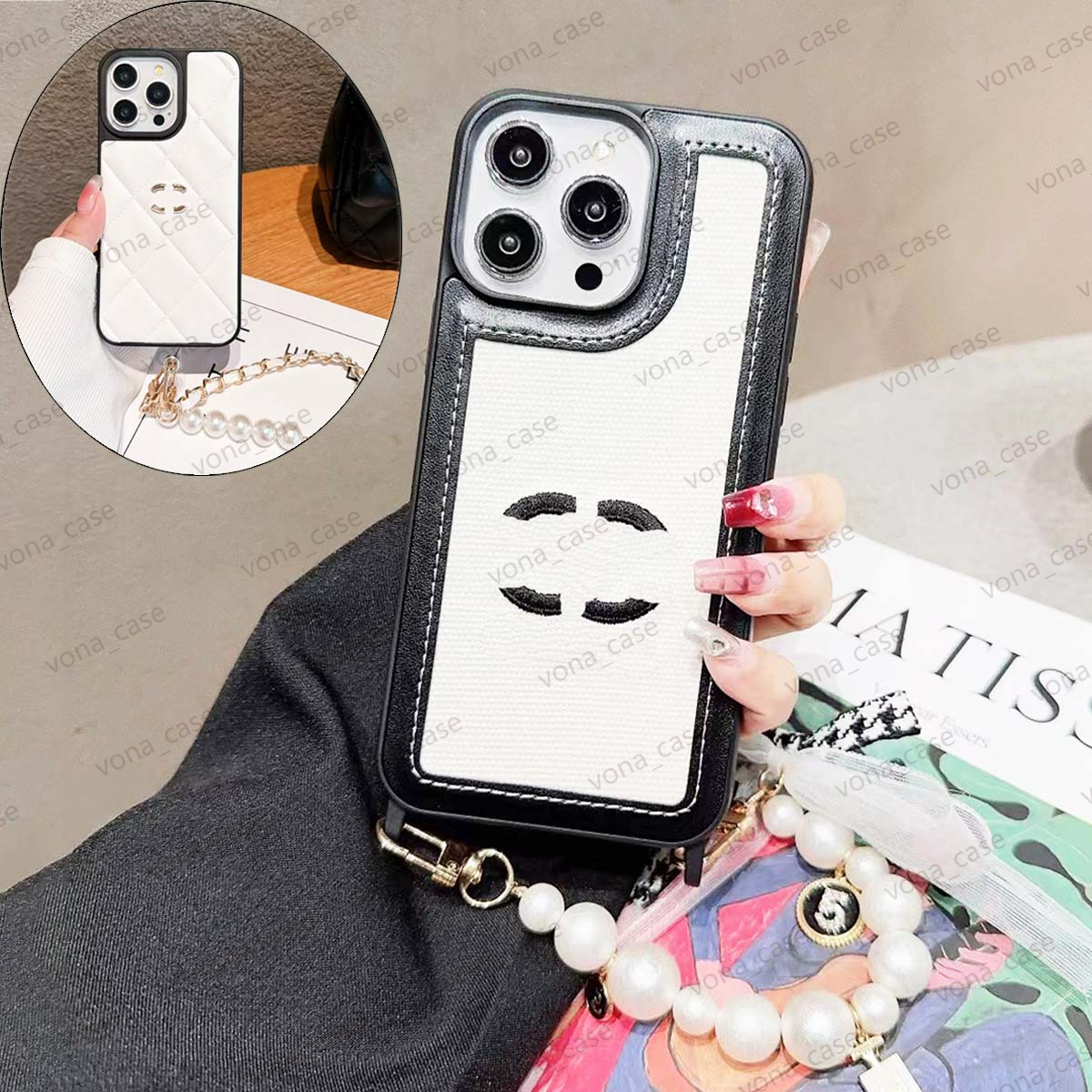 iPhone 16 Pro Max Case with Pearl Wrist Strap, 16 15 14 Plus 13 12 Pro Designer Phone Case with Handheld Chain Shockproof Men Women Ultra Slim All Protection Phone Cover