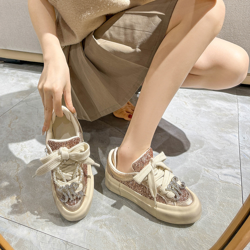 2025 new shiny diamond sequins thick sole dirty women's multifunctional designer fashionable white sports and leisure board shoes