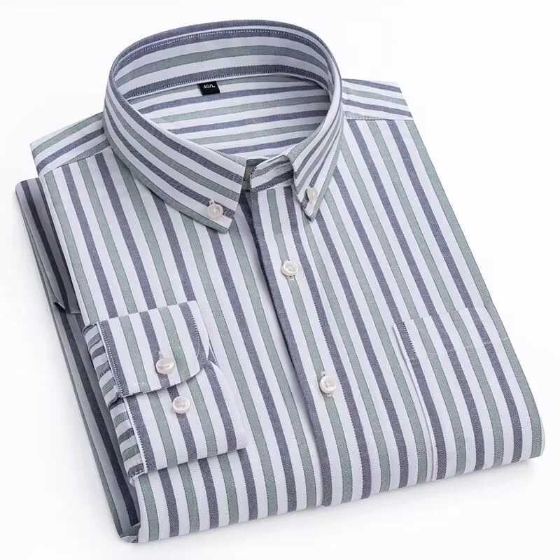 Mens 100% pure cotton striped shirt casual long sleeved standard fit comfortable button plain shirt single decal pocket X250324