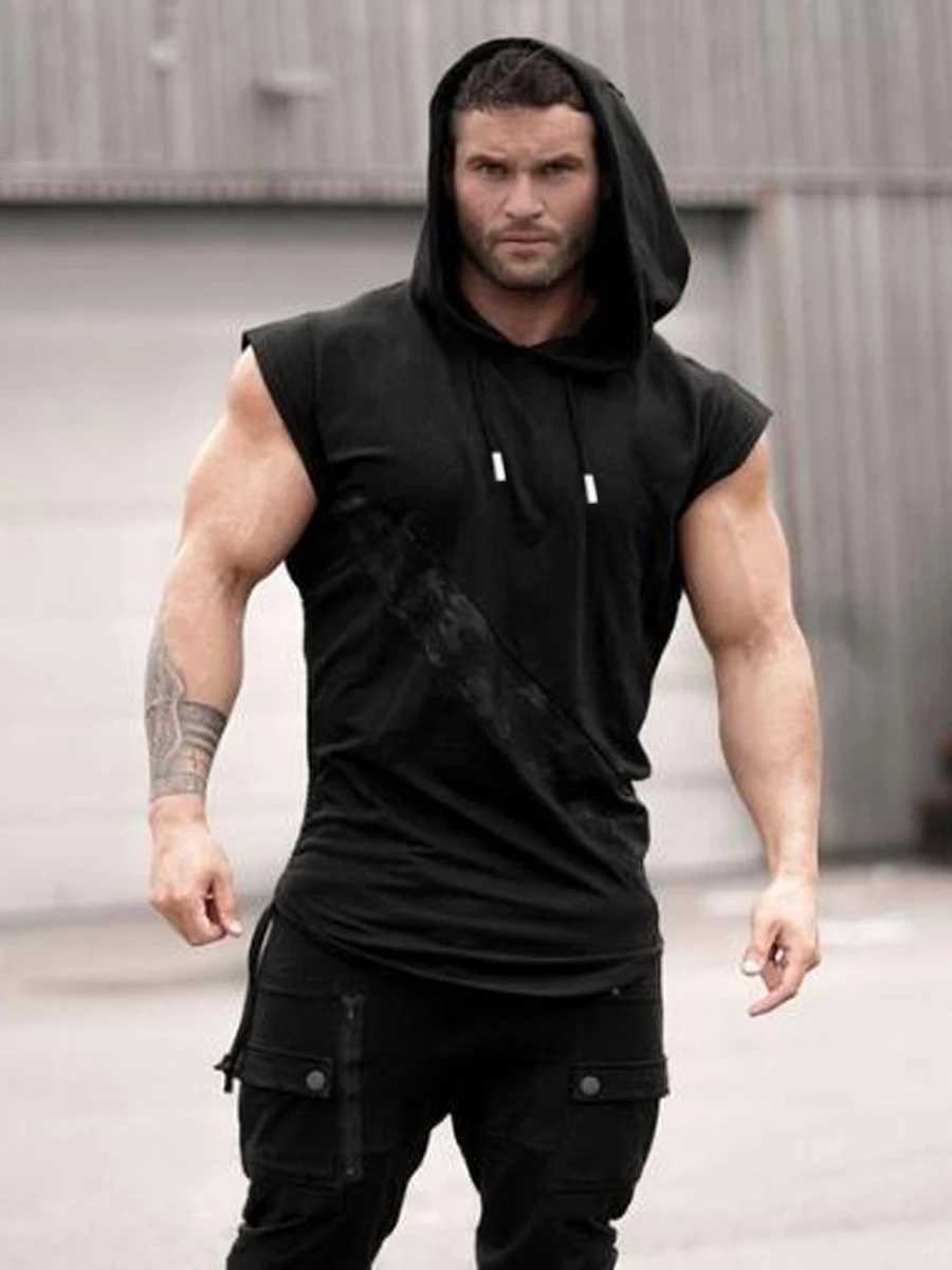 Mens leisure sports vest fitness show muscle mens sports leisure running training clothes sleeveless hooded sweatshirt outdoor street X250324