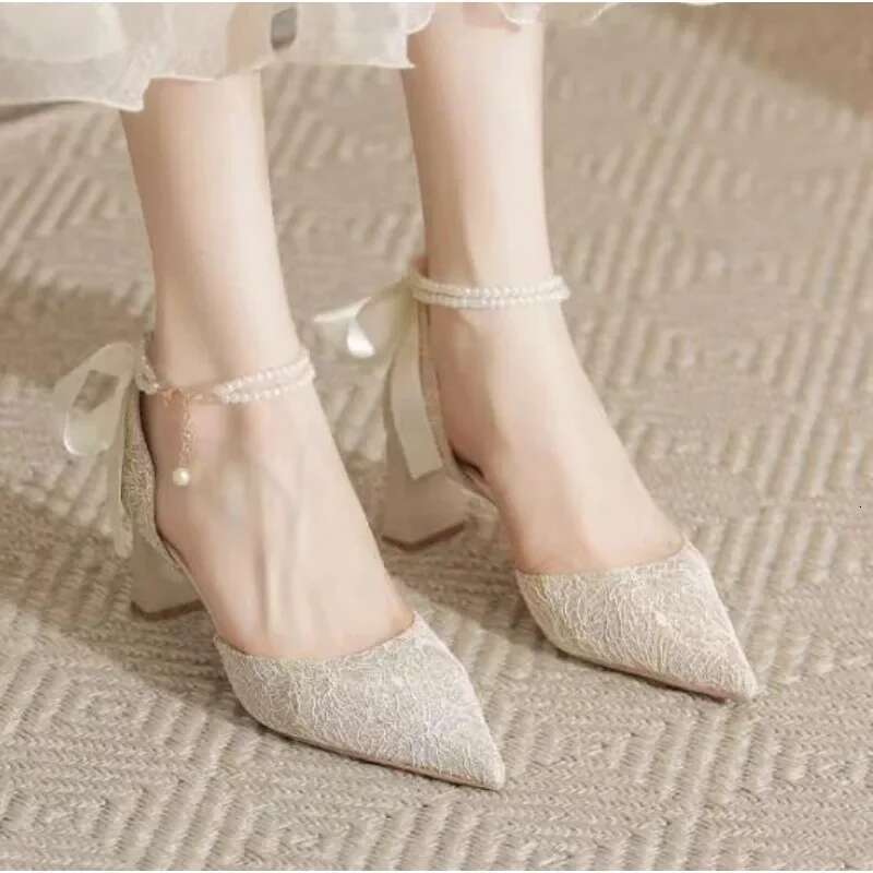 New Summer Women Pearl Heels Chunky Princess Bow High Heel Sandals Party Wedding Shoes Plus Size atos Mujer