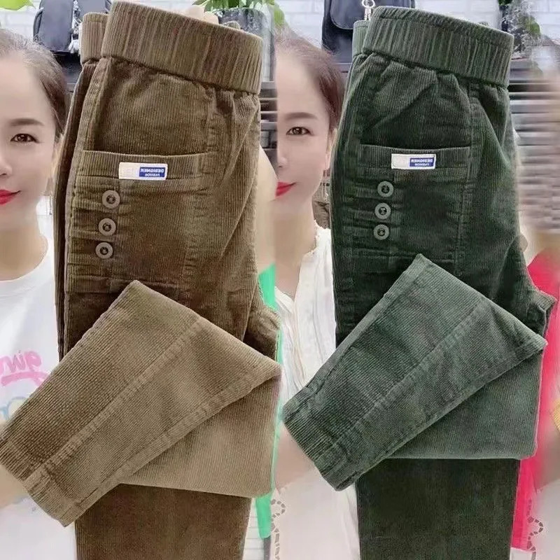 Elegant womens streetwear Korean fashion casual pants solid Corduroy Harlan button pocket autumn and winter 250324Z