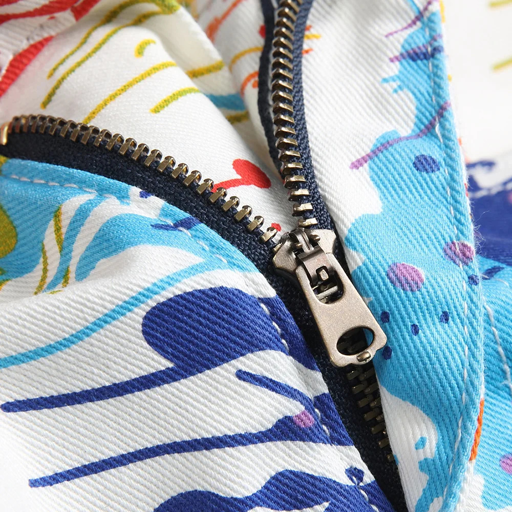 Mens Fancy Color Painted Shorts Summer Y2K Stretch Denim Breeches Digital Print White Jeans 250312