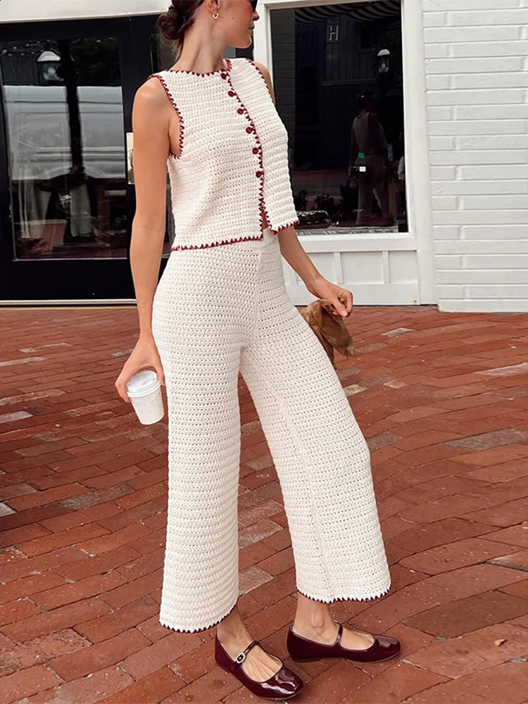 Color Contrast Knitted Vest Top Pants 2Piece Set Round Neck Sleeveless Waistcoat Cardigan Sweater Knitwear High-Waisted Trousers 250324