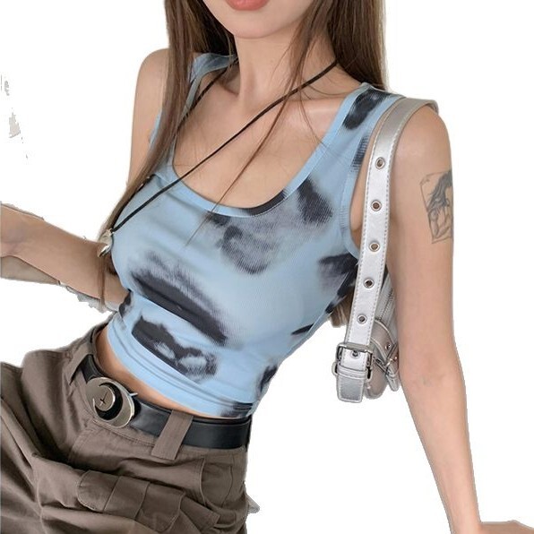 Sexy Spicy Girl Style Tie Dye Short U-neck Vest Summer 2025 New Versatile Casual Slim Fit Camisole Top For Women