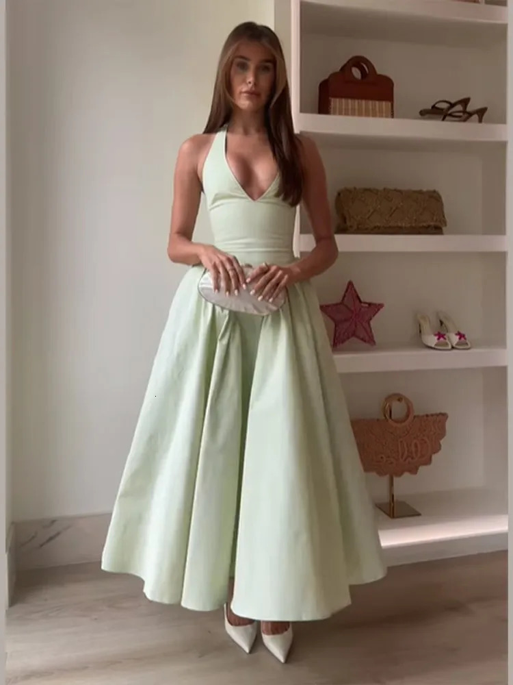 Summer Women Solid Halter Long Dress Sexy Deep V Neck Slim Fit High Waist Pleated Maxi Dress 2025 Lady Beach Party Vestidos 250322