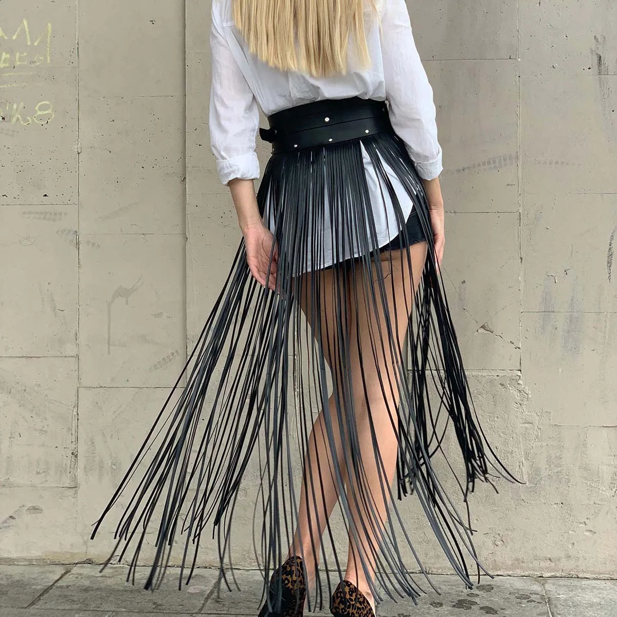 Women Sexy Leather Harness Waist Belt Tassels Leather Skirt Punk Goth Cowboy Girl Wild Holiday Style Attire Clothing Accessorie 250318