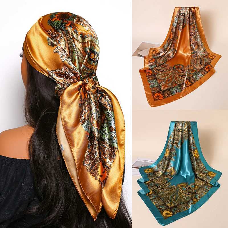 Spring satin square scarf Muslim headscarf elegant print silk collar shawl wrap handle hair accessories bandage X250324