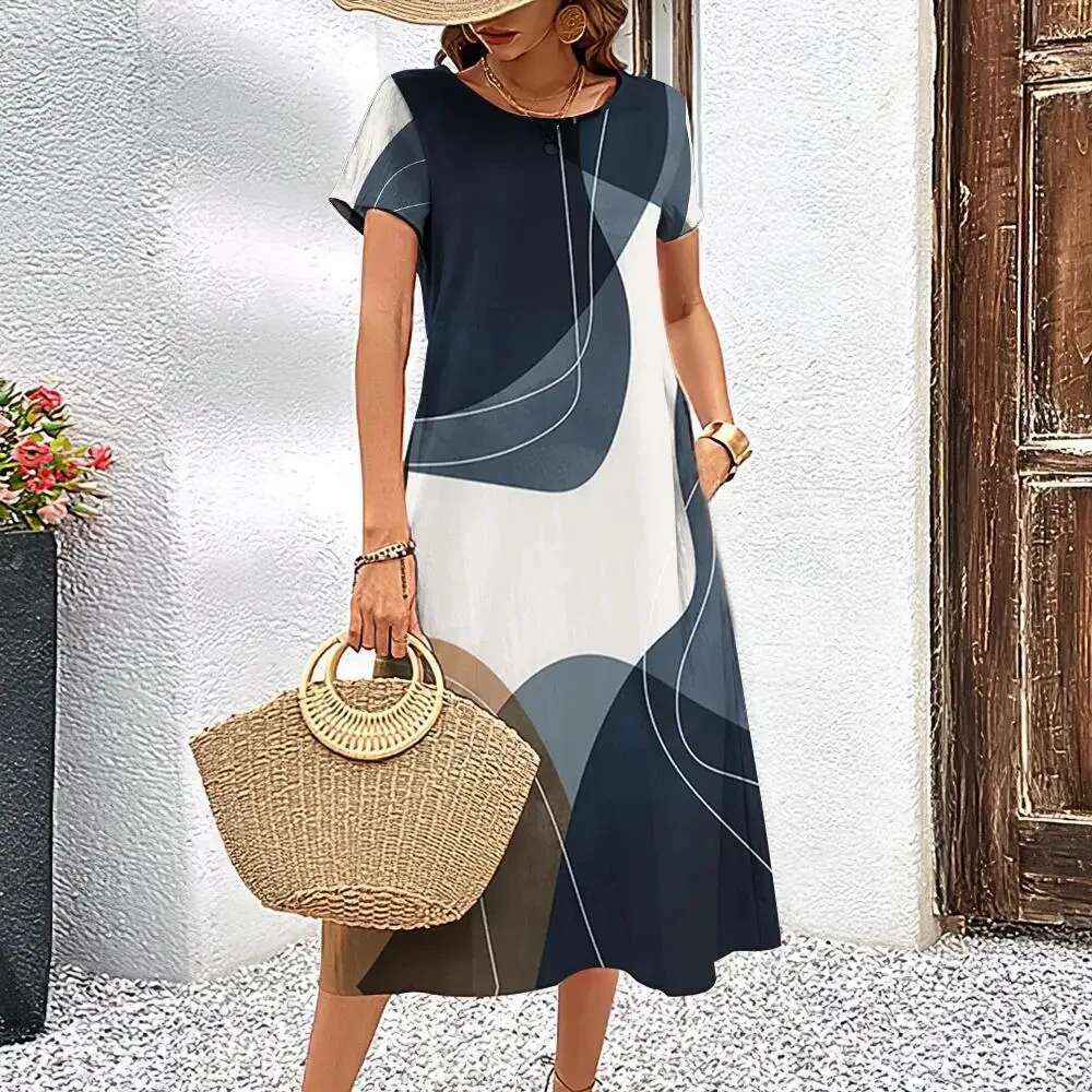 Elegant Women Dress Summer Short Sleeves Dresses Streaks Printed Woman Clothing Loose A-E Skirt Casual Round Collar Pullover