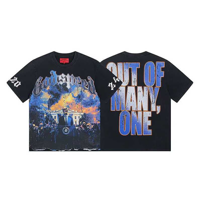 2025 New America Godspd Washed Old Strt Rock Loose Casual Short Sleeve Cotton T-shirt Mens Retro High Quality Trend X250324