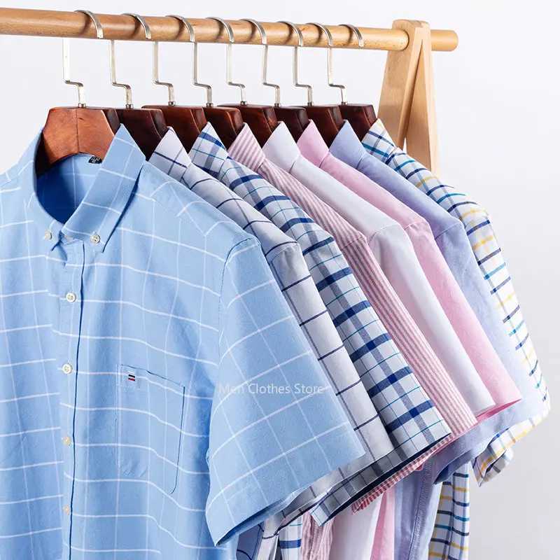 Mens Oxford short sleeved square neckline pure cotton striped summer casual shirt with single pocket comfortable cotton shirt X250324