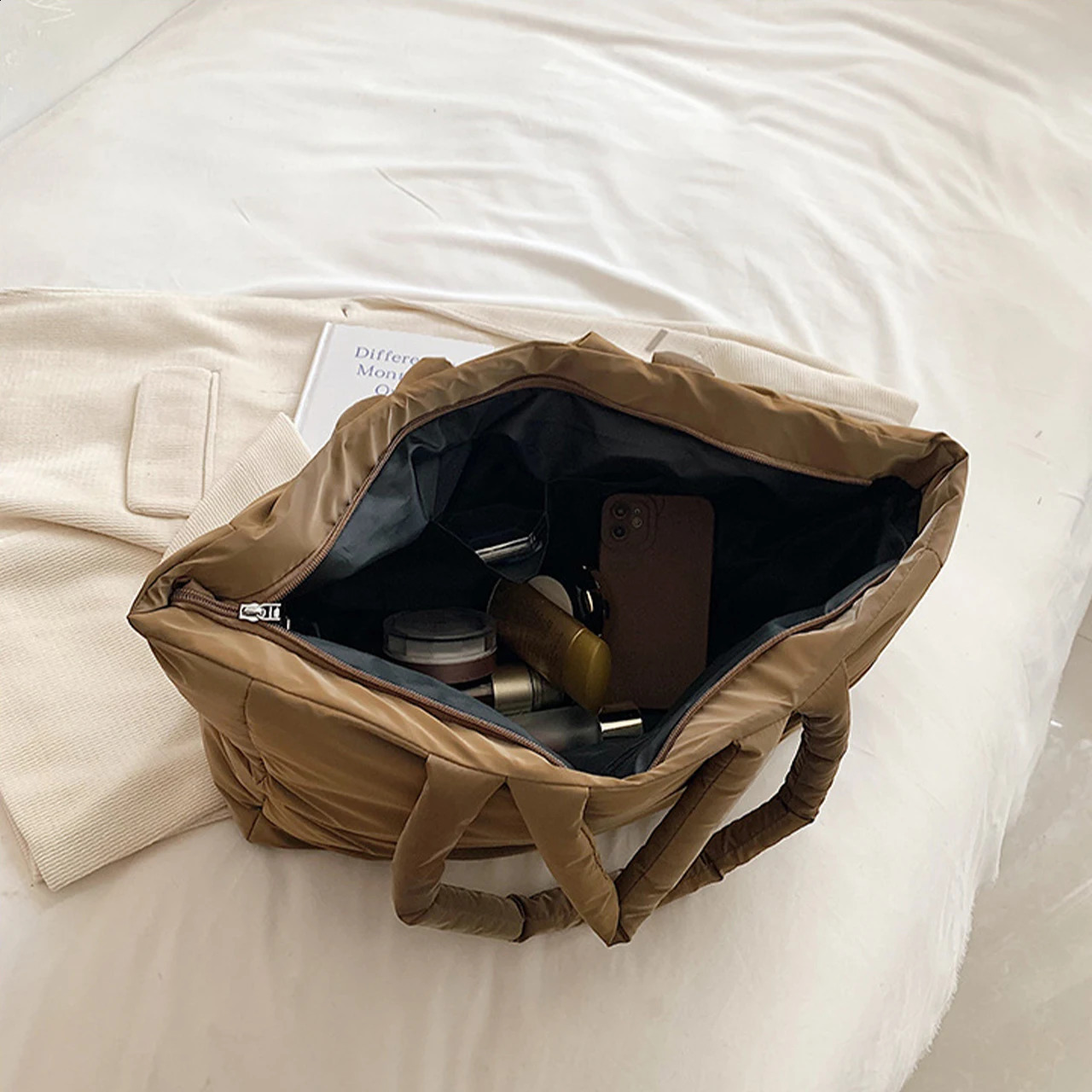 Fashion Plaid Padded Tote Bag Laptop bag Soft Puffy Women Handbags Nylon Down Cotton Shoulder Bags Warm Winter Female Purse 250314