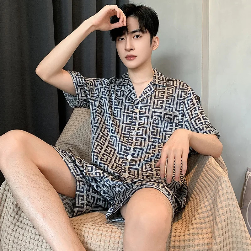 High Quality Mens Pajamas Suit Summer Short Sleeve Ice Silk Sleepwear Set Day Shorts Thin Youth Home Clothes Plus Size Male 250321
