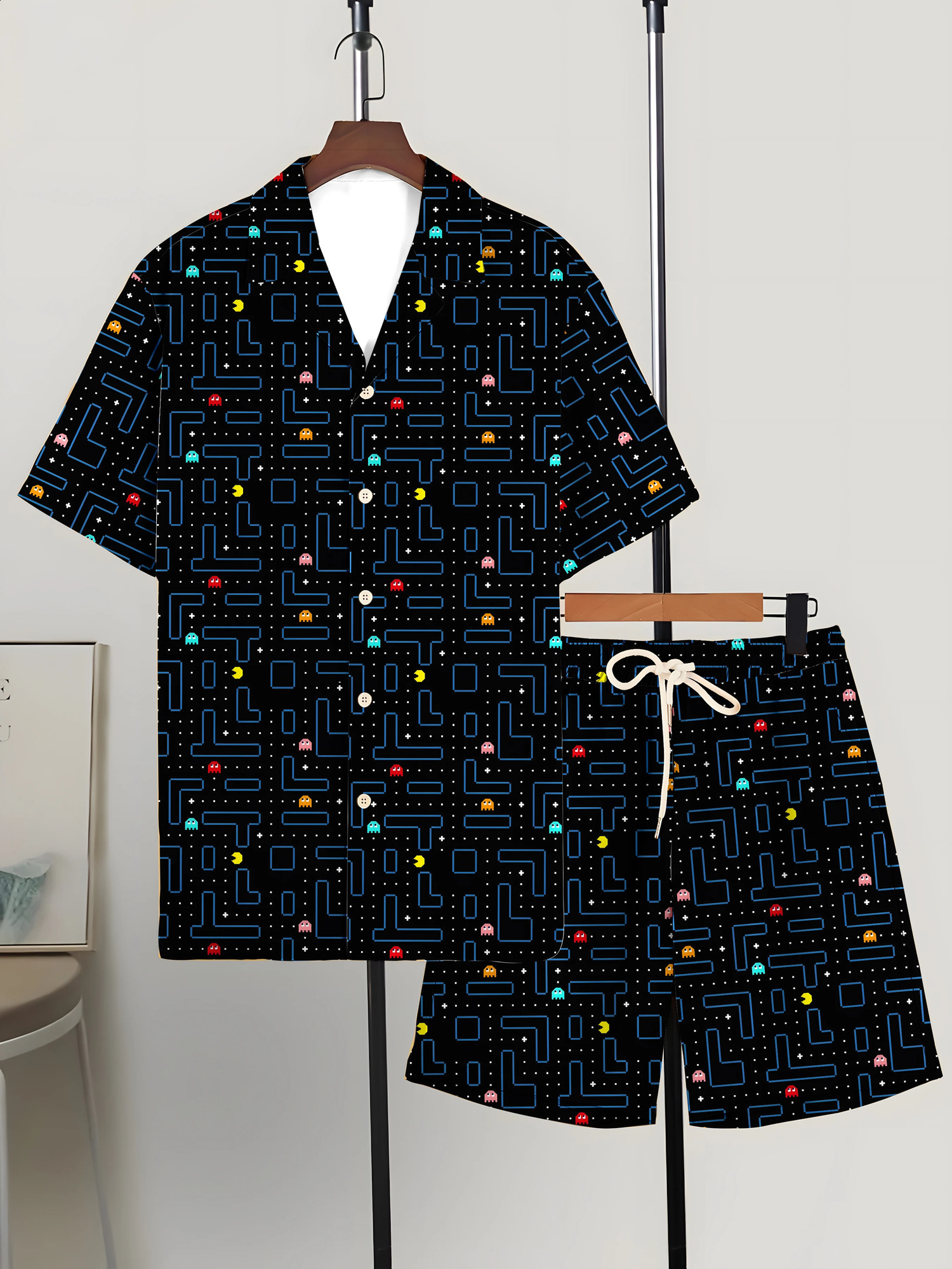 mens casual suit for summer Thin and skin friendly short sleeved shorts Game track pattern non fading clothes 250321