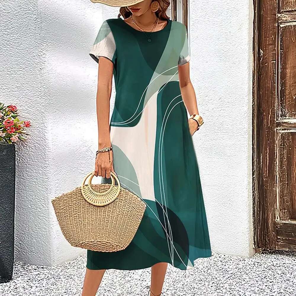 Elegant Women Dress Summer Short Sleeves Dresses Streaks Printed Woman Clothing Loose A-E Skirt Casual Round Collar Pullover