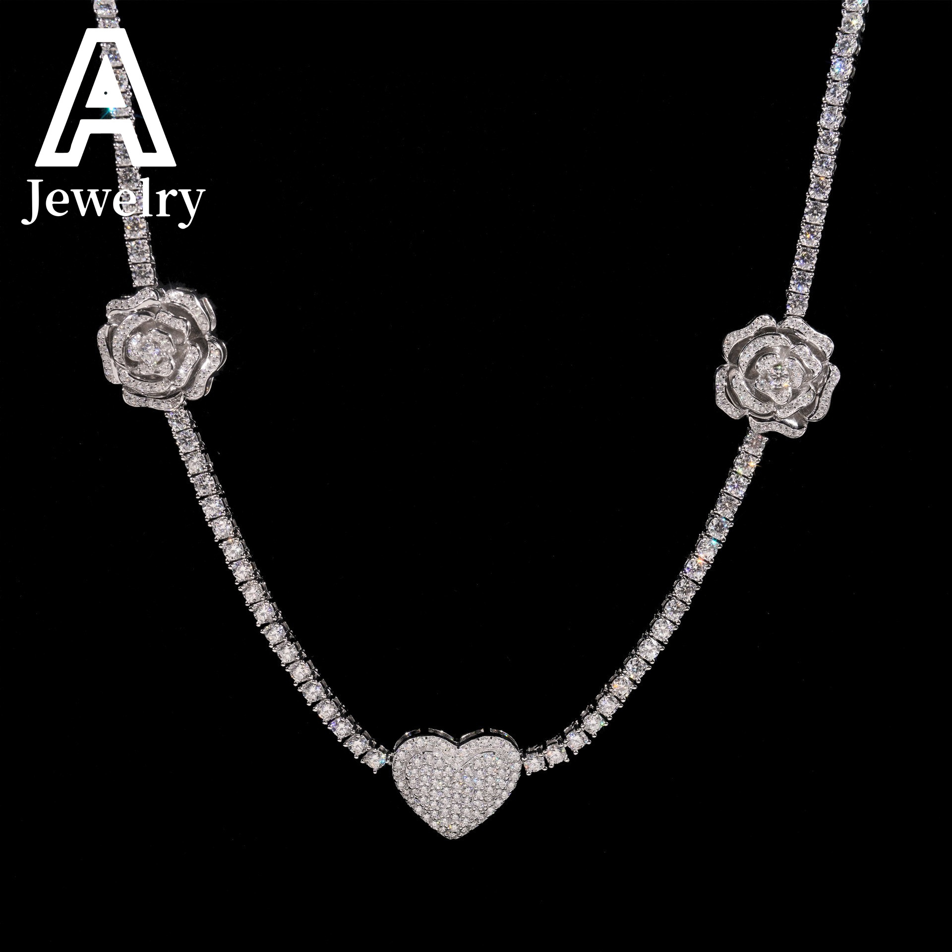 3mm Custom Moissanite Tennis Chains Rose Flower and Heart Shape Charm Necklace 925 Silver Moissanite Diamond Tennis Necklace