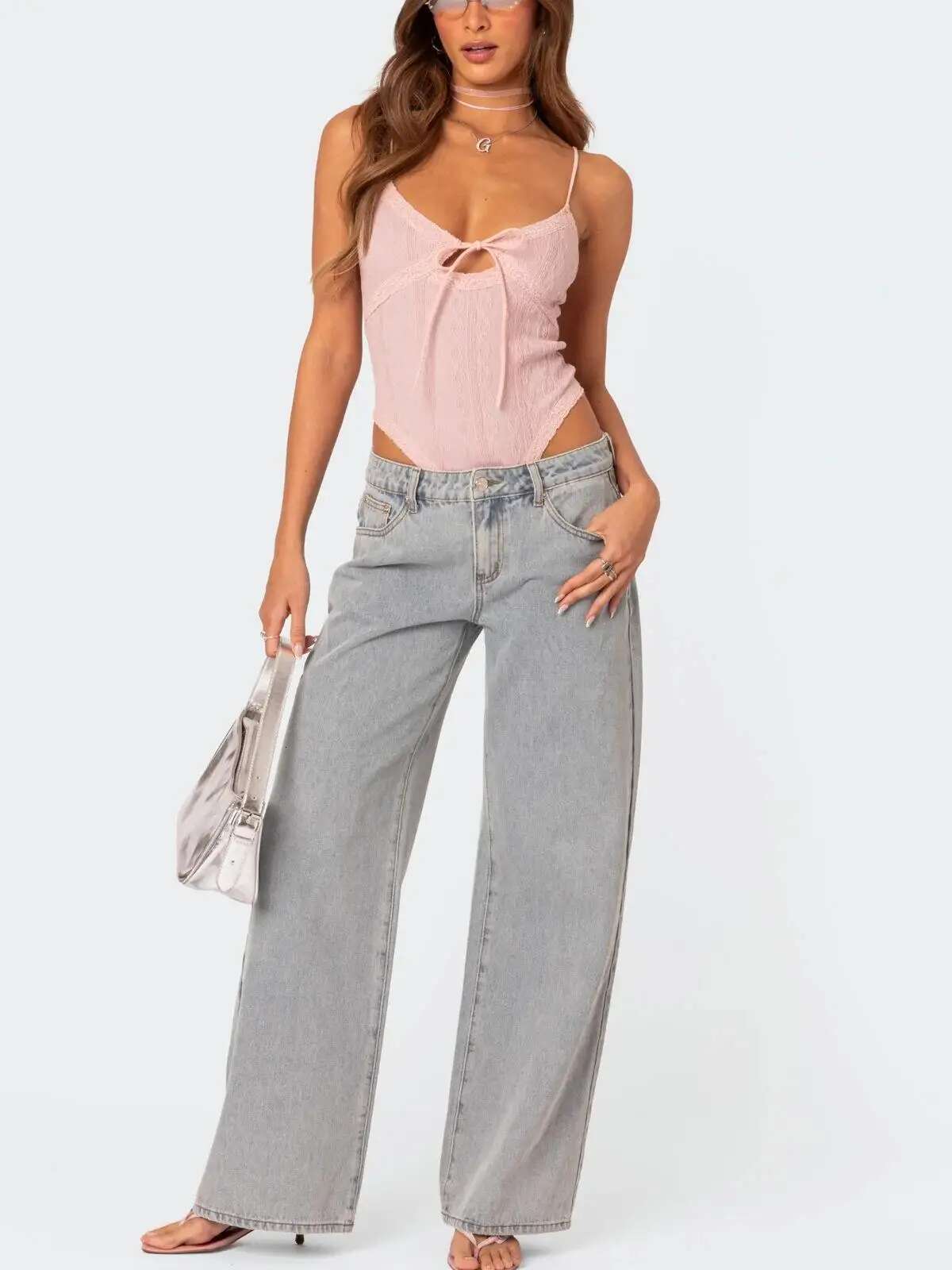 Europe And The United States Casual Comfortable Simple Style Bow Embroidery Fashion Straight Leg Retro Blue Jeans Ins