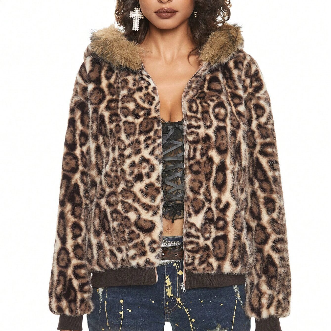 Y2k Womens Zip up Hoodies Leopard Print Grunge Gothic Hip Hop Punk Hoodies Clothes Harajuku Aesthetic Hoodies Clothes Streetwear 241223