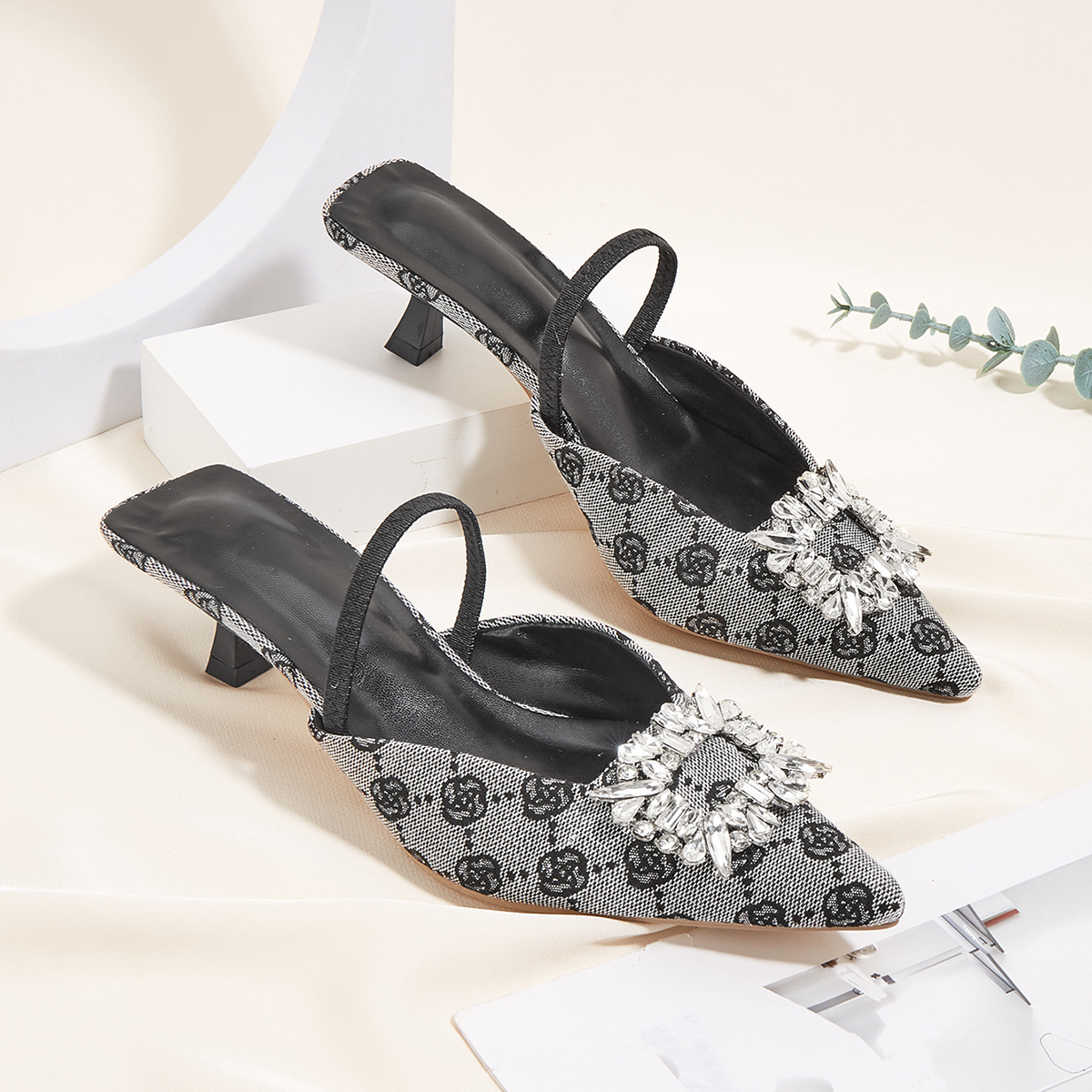 Free shipping designer heels for womens lady sandal fashion stiletto heel black rhinestone slipper outdoor shoes