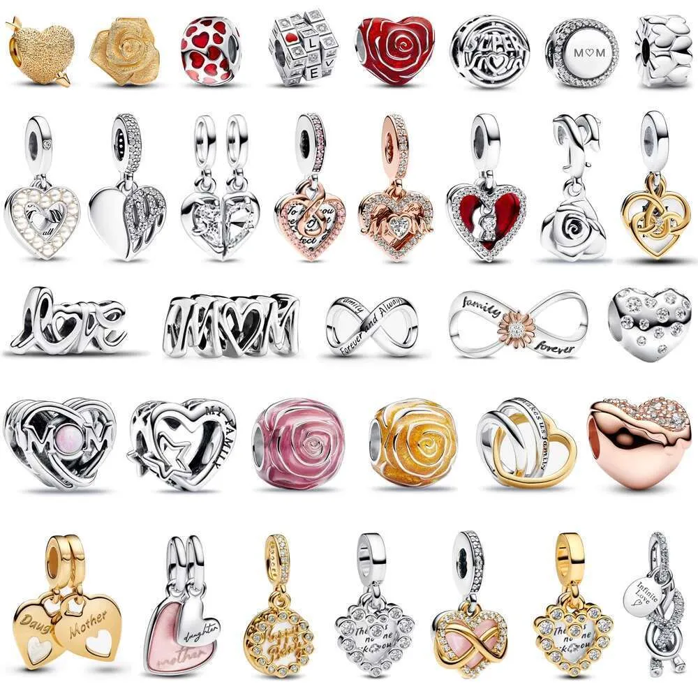 2025 New Mother's Day Series Sterling Silver Heart Rose Charms Beads Infinity Rose Heart Dangle Charm Fits Necklace Bracelet DIY For Mom Jewelry Gift