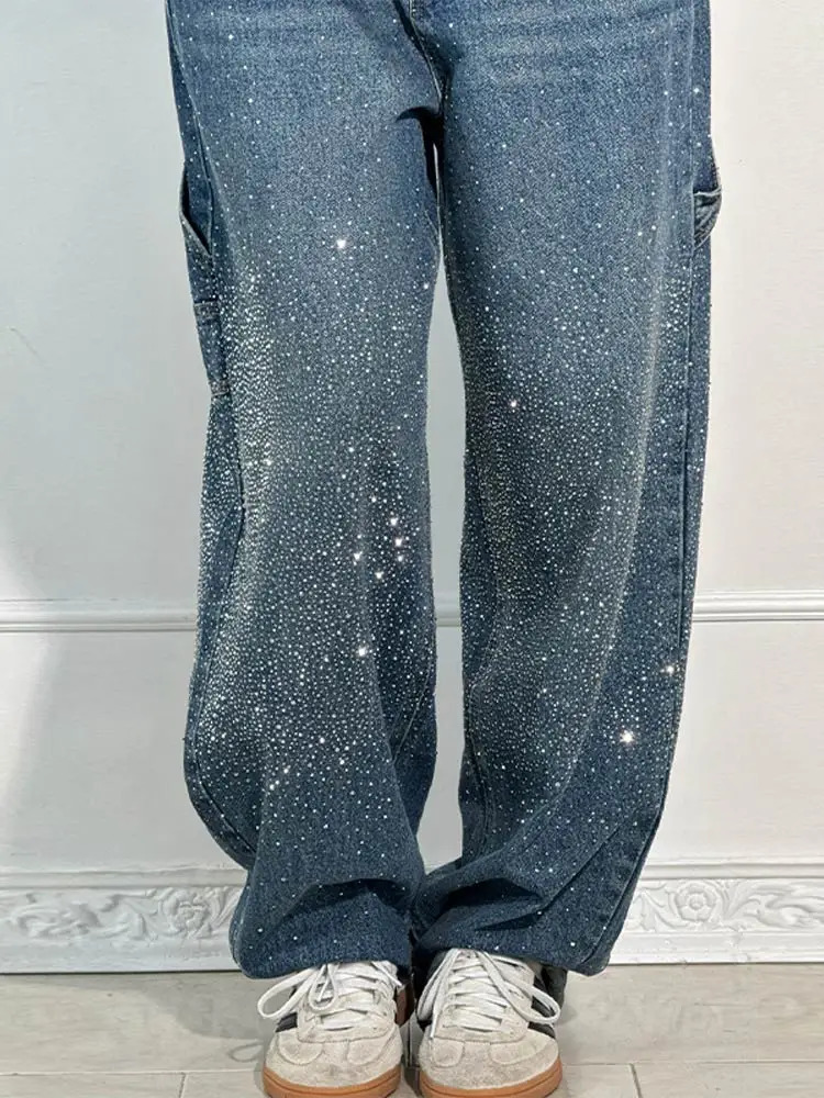 Fashion rhinestone denim pants for women solid high waisted zipper button loose jeans street straight Trousers 250324