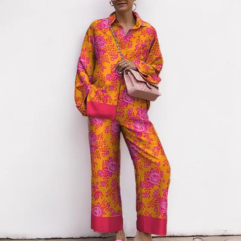 Autumn Loose Vintage Printed Pant Sets Women Long Sleeve Shirts And Wide Legs Trousers Two Piece Set Fashion Streetwear 250324