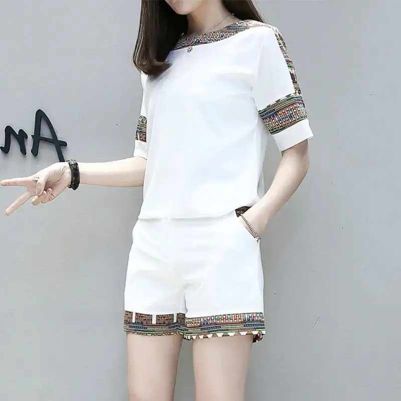 Womens casual cotton set 2024 summer fashion high waist short sleeved crop top wide leg shorts 2piece for women 250322