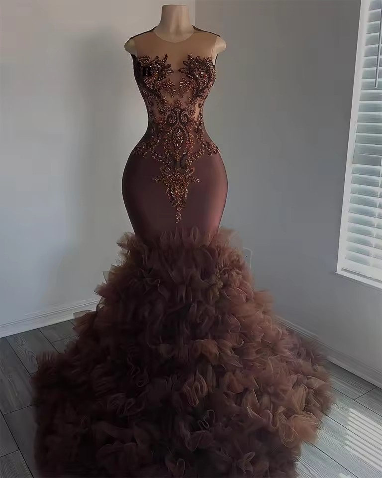 Customized Brown Tulle Ruched Train Rhie Prom Blackgirl 2025 African Mermaid Elegant Dress For Birthday Party Gowns