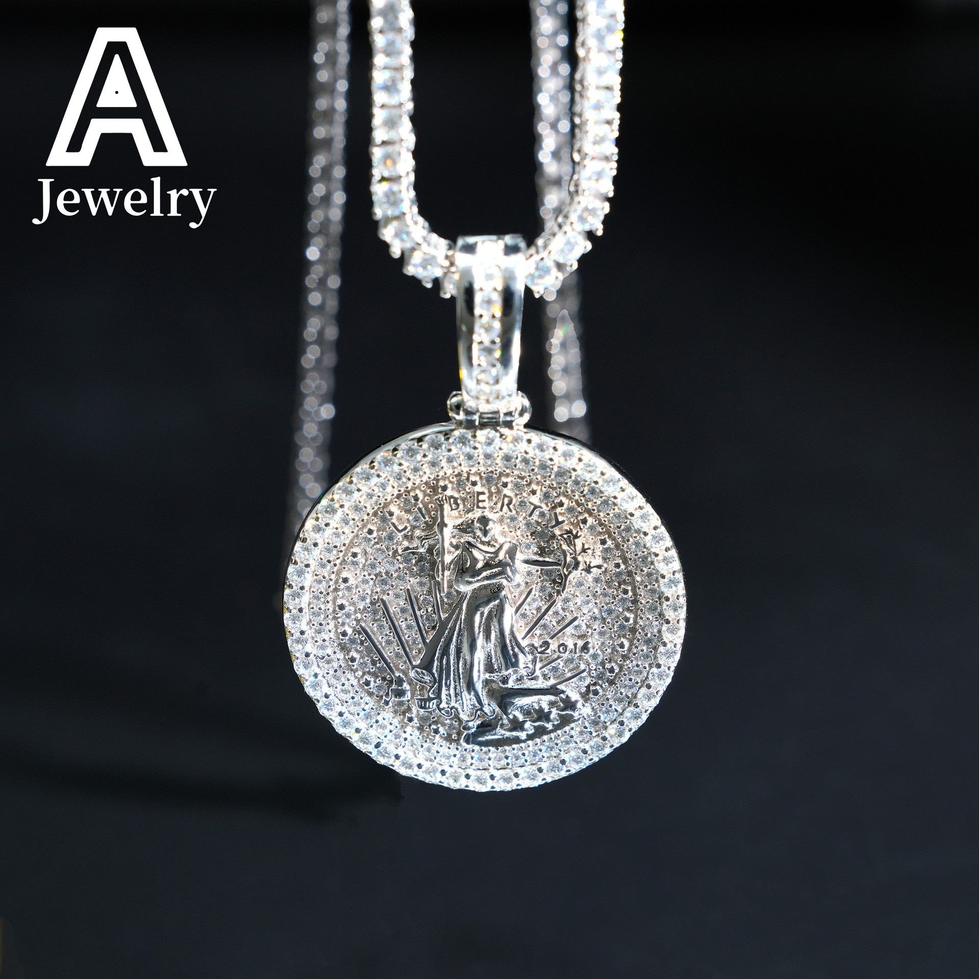 Fashion Ready Made Free Chain Gold Coin Pendant Lady Liberty Goddess Manufacturers 925 Moissanite Hip Hop Gifts Idea