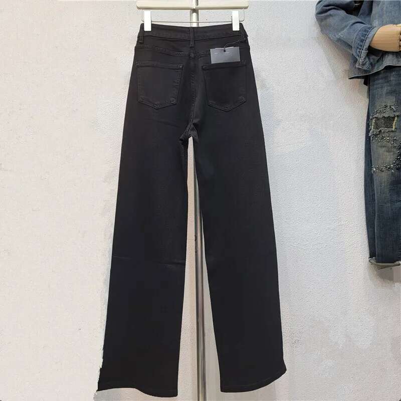 DEAT Women's Jeans High Waist Single Sided Full Rhie Black Straight Wide Leg Denim Pants 2025 New Fashion Spring 29L8628