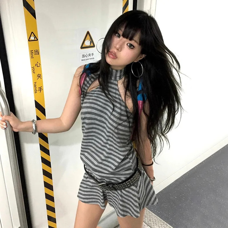 Karrram Y2k Aesthetics Halter Dress Japanese 2000s Style Grey Striped Short Dress Vintage Harajuku Backless Mini Dress Grunge 250324