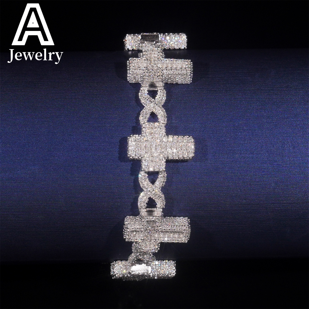 New Fashion Hip Hop Jewelry Moissanite Cuban Link Bracelet 925 Silver 15mm Cross Design Bracelet For Men Women