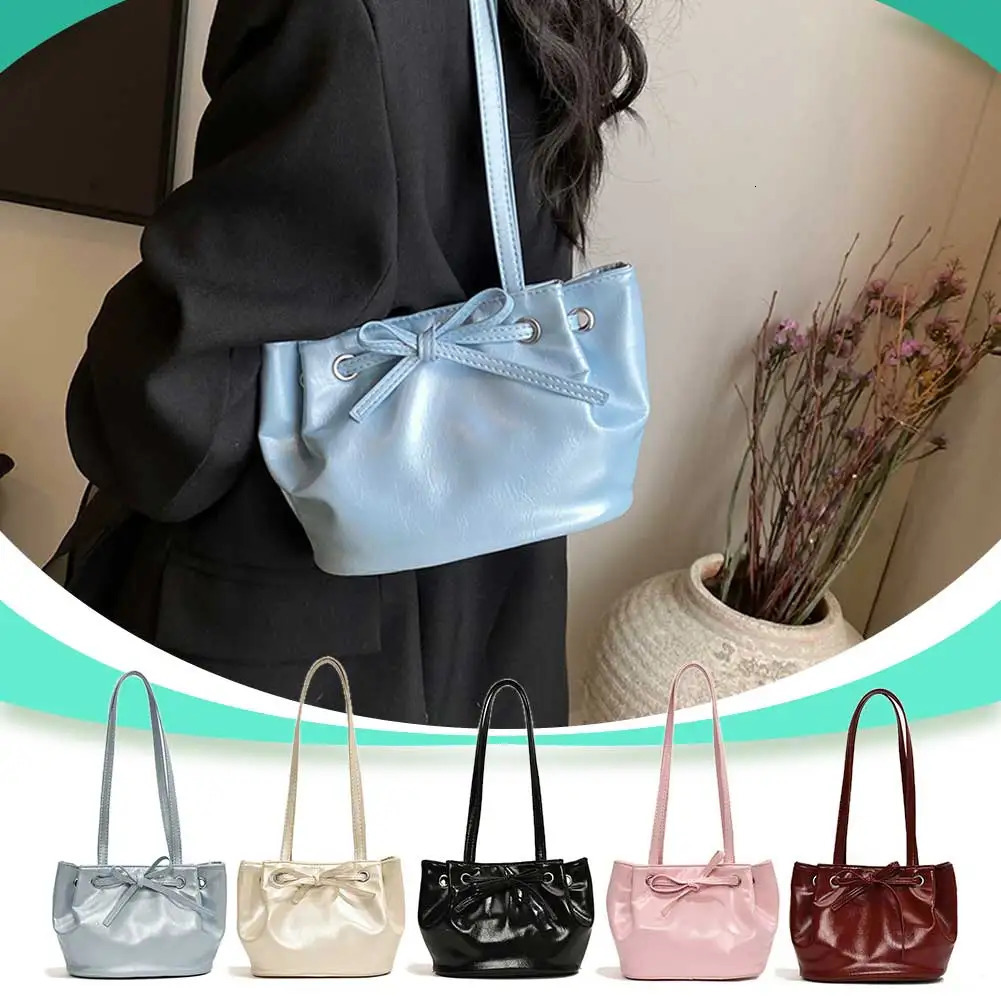 Womens Fashion Tramp Bag Large Capacity PU Bow Lower Arm Bag Casual Clutch Handbag Solid Color Simple Bucket Handbag Party Vacation 250320