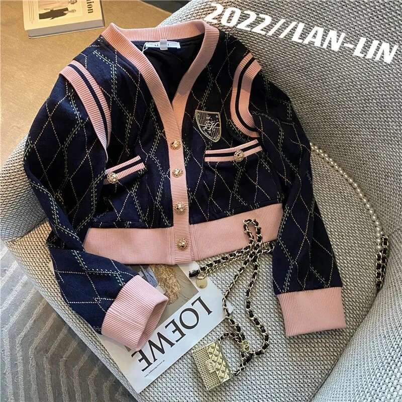 Women Knitted 2 Piece Sets Korean Single Breasted Knitwears Cropped Sweater Tops Outfit Casual High Waist Straight Pants Suit