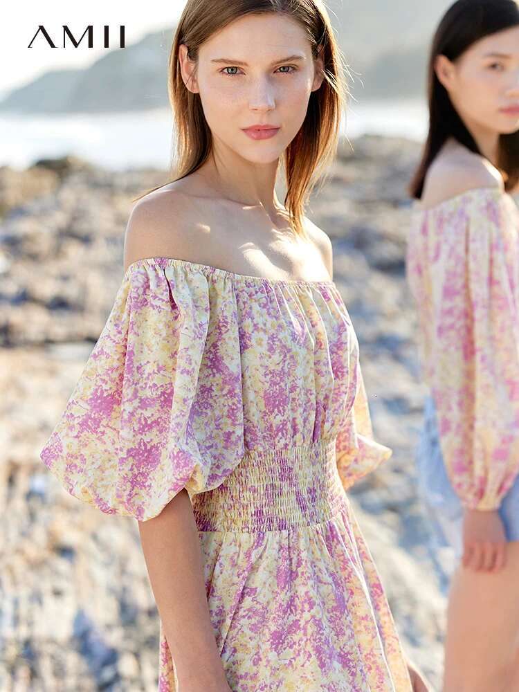 AMII Minimalism Holiday Style Dress 2023 Summer New Square Collar Slash Neck Puff Sleeves Chic A-e ral Vestidos 12352024