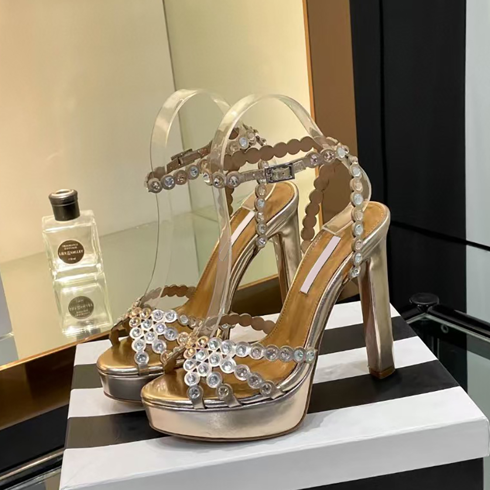 Womens Chunky Heel Waterproof Platform Sandals Genuine Leather Rhinestones Ankle Strap Open Toe Party Evening Shoes Luxury designer high heels
