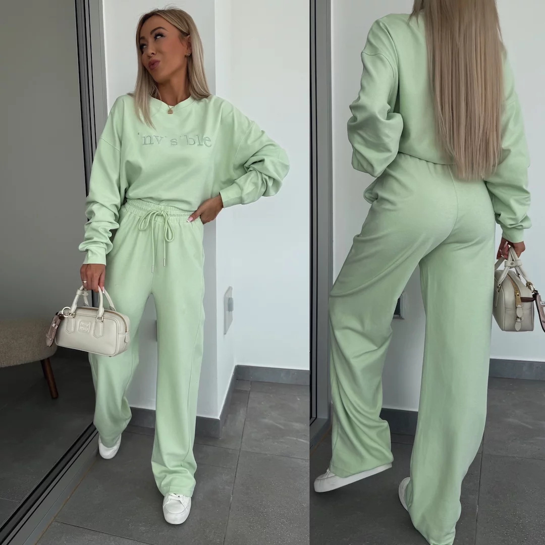 2025 Spring New Solid Color Round Neck Long Sleeve Letter Embroidered Hoodie Strap Pants Two Piece Set
