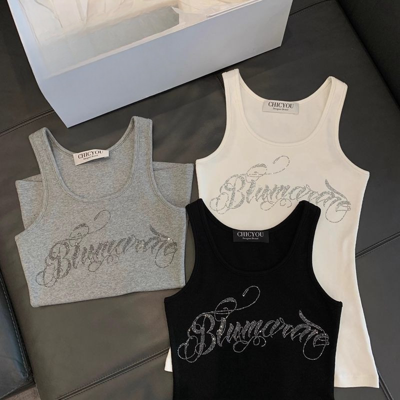 20205 New Designer Vest Letter Hot Diamond Shoulder Strap Vest Women's Slim Fit Sleeveless T-shirt Bottom Top