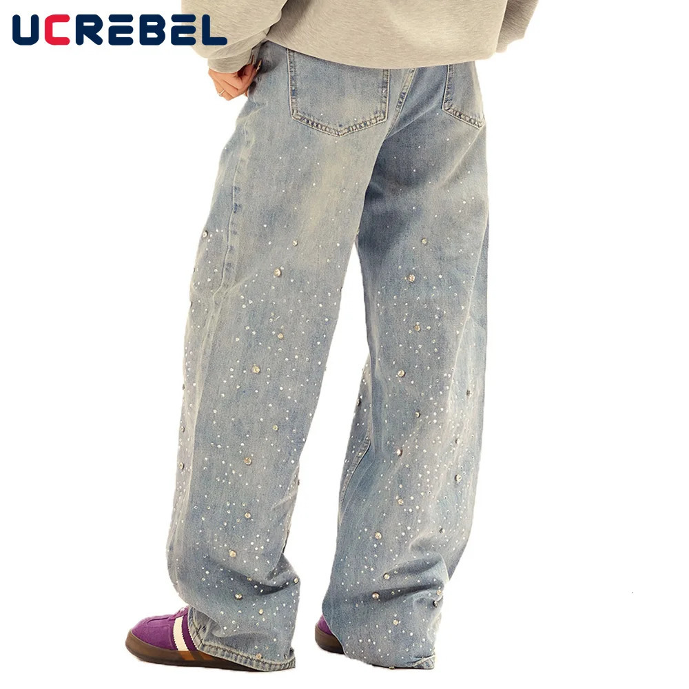 Diamond washed denim jeans mens high street loose straight wide leg pocket Trouser 250320