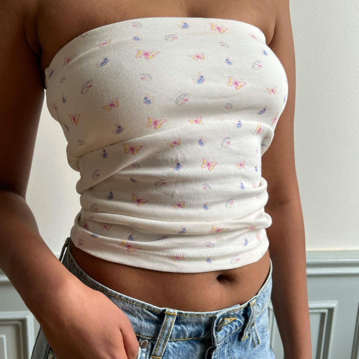 2025 New Women's Designer Instagram Fashion Sexy Strapless Short Sleeved Top Outdoor Beach Printed Polka Dot Vest