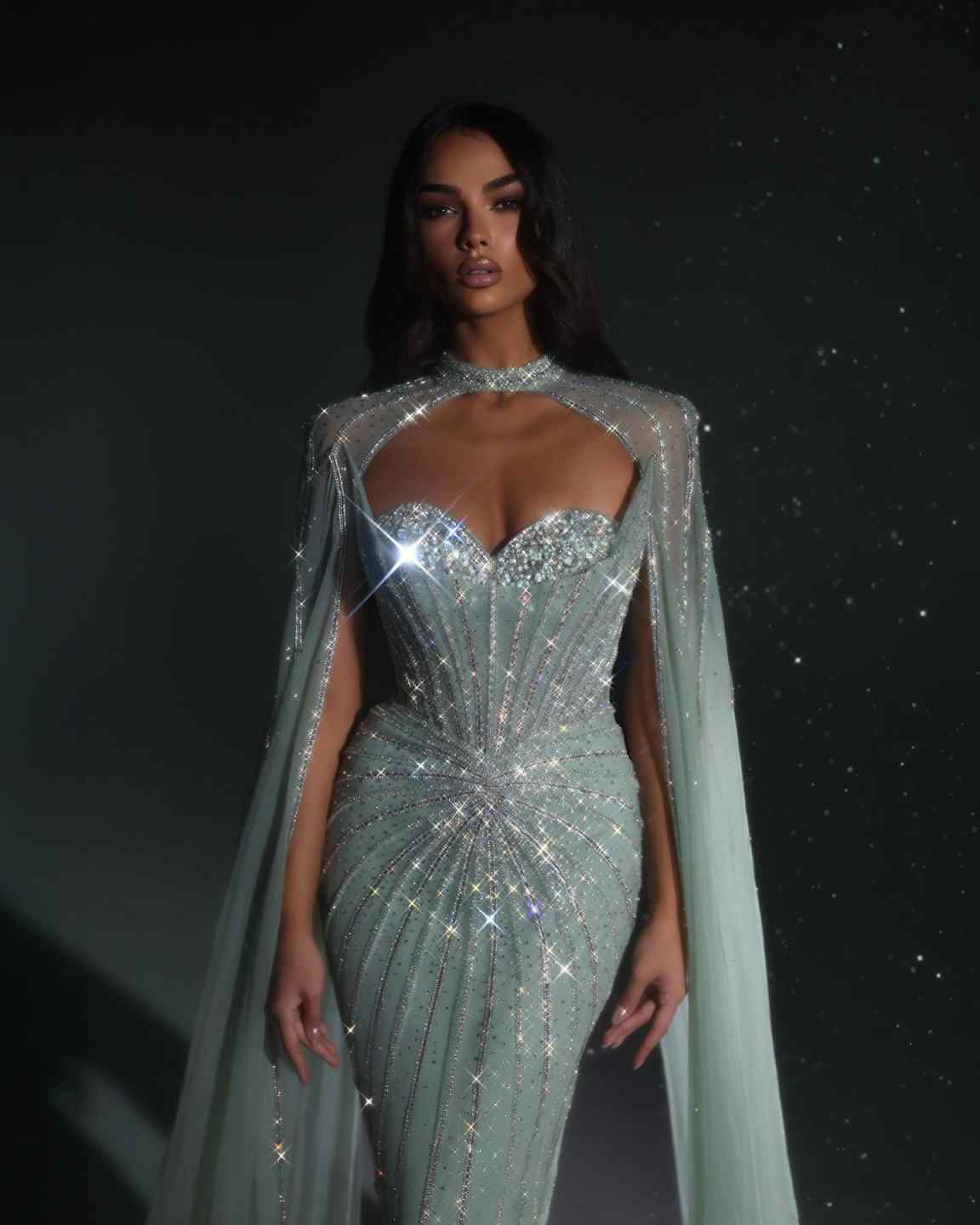 Fashion Evening Dresses Sweetheart Neck Cap Sleeves Gown Sequins Crystal Backless Sweep Train Party Customized Dress