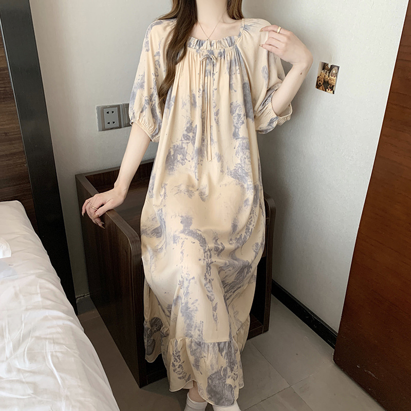 K195 Spring and summer thin short-sleeved long skirt air-conditioning clothing long skirt loose large size dress