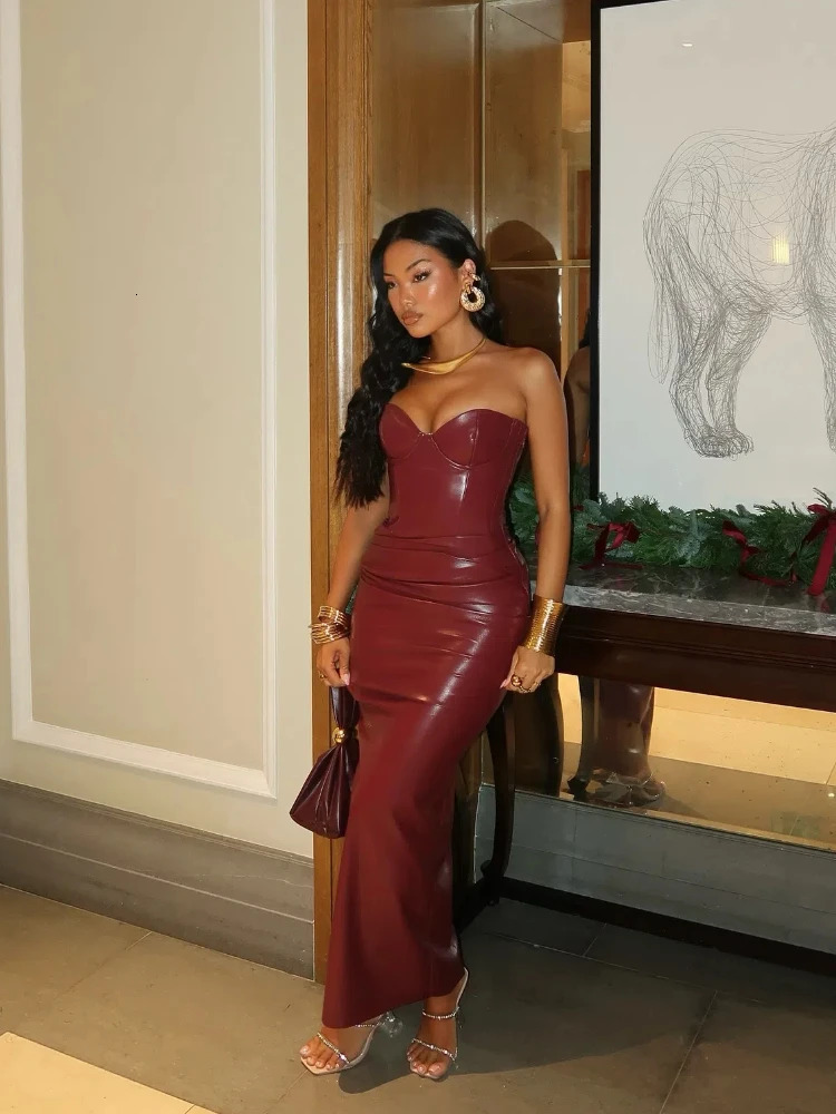 Elegant Backless Burgundy Leather Zipper Sleeveless Tight Long Dress Woman High Waist Wrinkles Dresses Lady Party Club Gown 250322