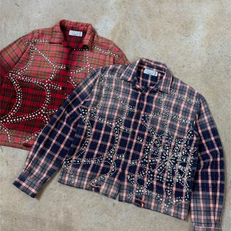 Retro diamond plaid long-sleeved shirt high street style loose texture trendy couple casual sports lapel cardigan jacket 250322