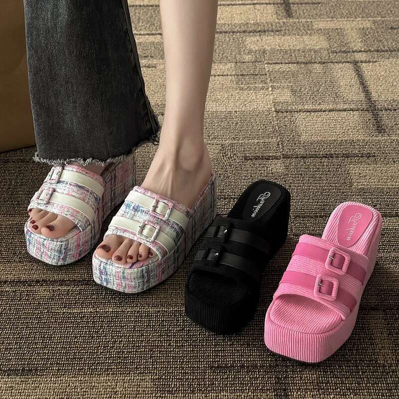 Square Head Platform Slippers Belt Buckles Corduroy Open-toe Women Summer New Designer Shoes Fashion Wedge Sandals
