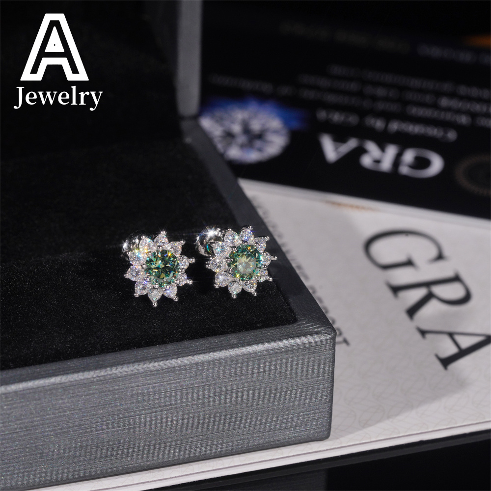 Pass Diamond Tester Fashionable Luxurious Sun Flower Earrings 925 Silver Cluster Blue Green Moissanite Stud Earrings