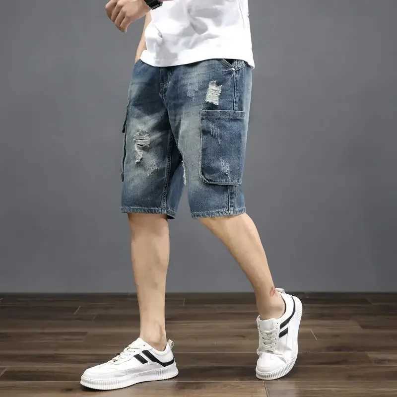 Short Jeans Pants for Men Half Ripped Long Bermuda Straight Mens Denim Shorts XL Korean Fashion Trend 2024 with Comfortable Cut T250603