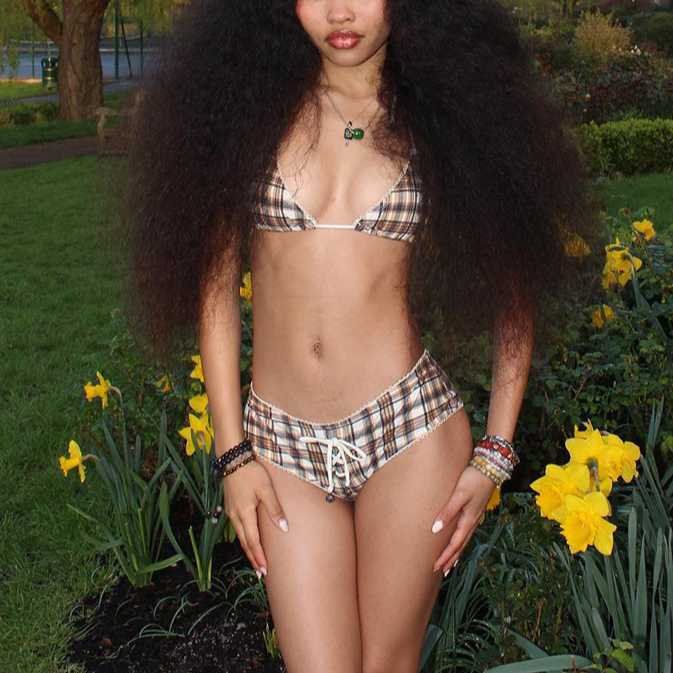 Summer sexy swimsuit bikini plaid print patchwork strap hanging neck bra triangular cup shorts set 250315